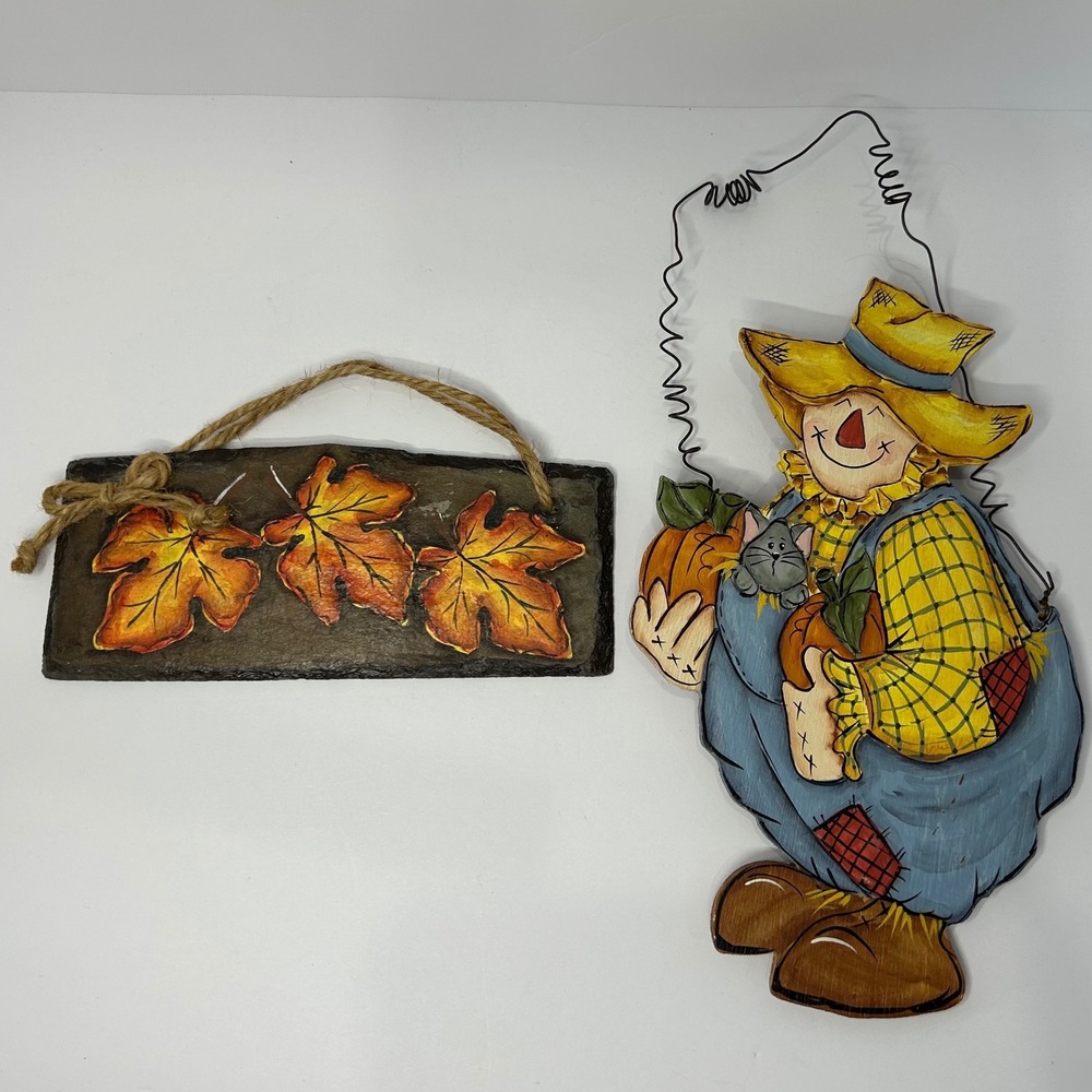 Hand Painted Fall Decor Slate Leaves & Wood Scarecrow Set Cute Home Decor